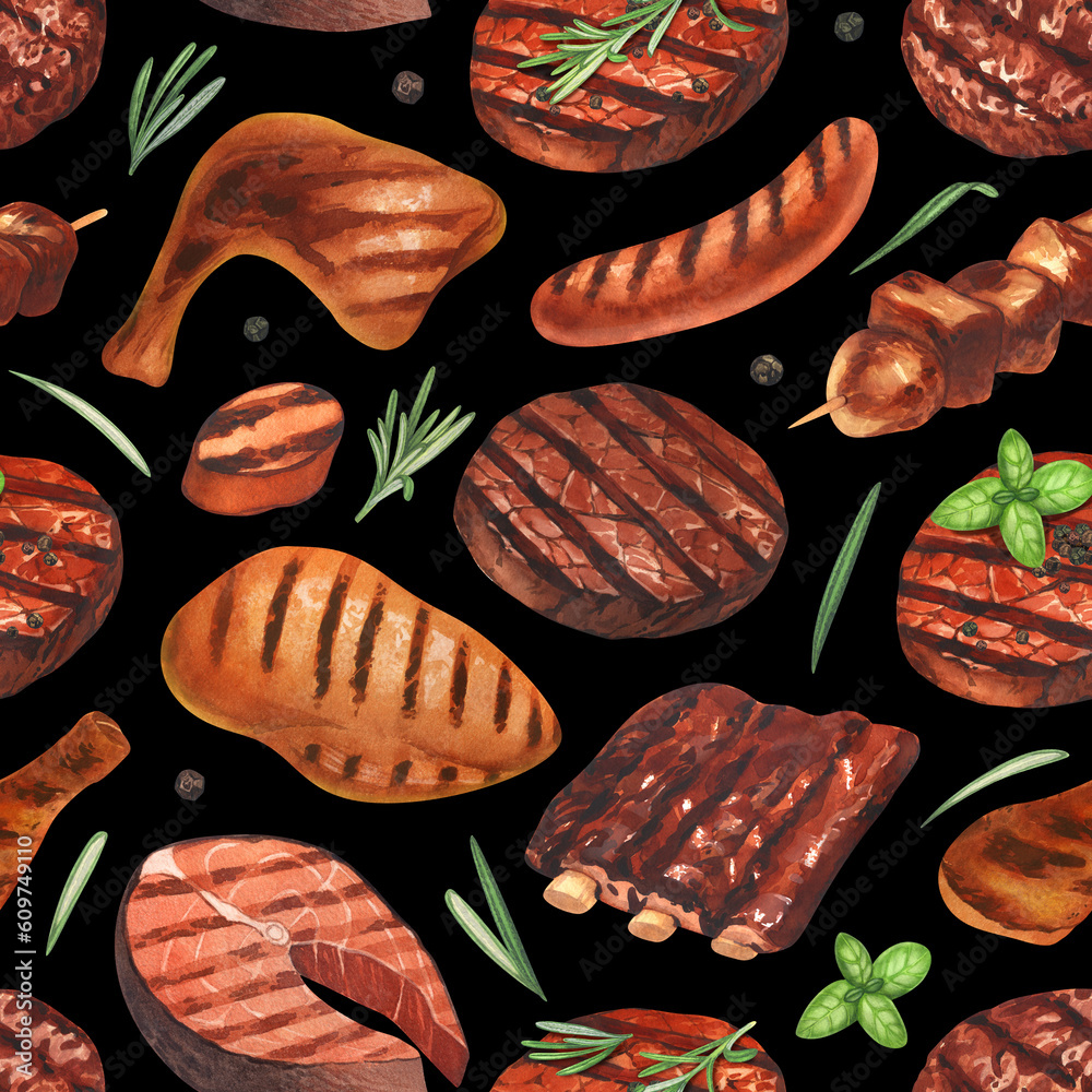 Watercolor pattern seamless grilled meat hamburger and steak beef. Hand ...