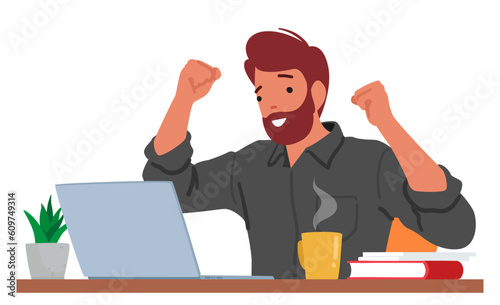 Euphoric Man Celebrates With Joy While Using His Laptop. Male Character Expressing Happiness And Satisfaction