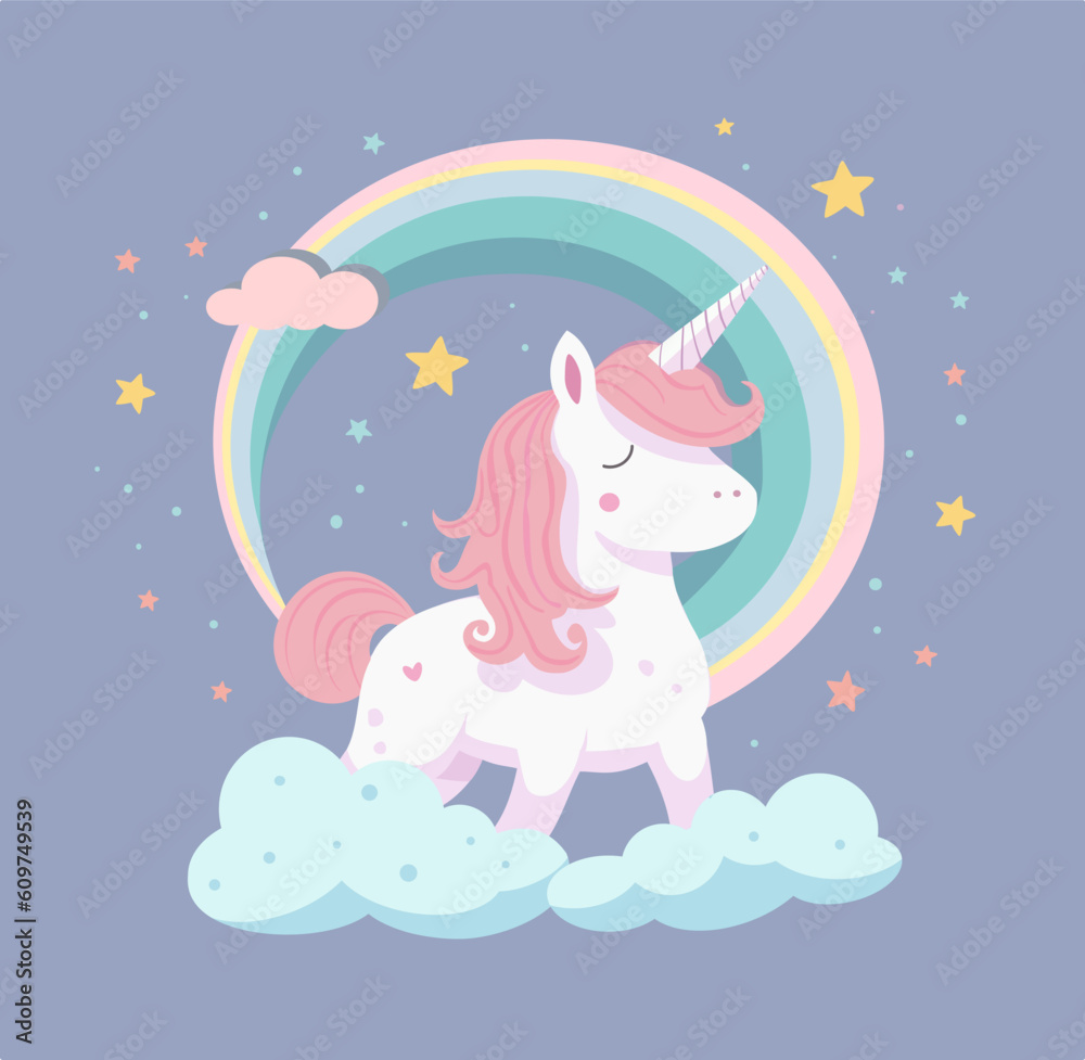 Fototapeta premium Cute unicorn on the background of the sky with clouds. Vector illustration