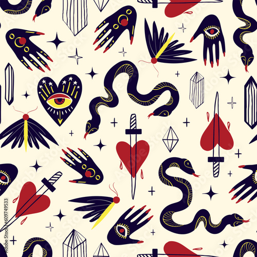 Bright funny magic pattern with bizarre mystical symbols. Background with Magic symbols in a trendy cartoon style