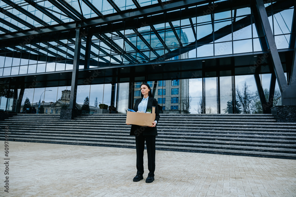 An outdoor photo of a woman walking with a carton box reading loss work, reflecting on her job loss and feeling the stress of being unemployed. An outdoor photo of a woman walking with a carton box reading loss work, reflecting on her job loss and feeling the stress of being unemployed.