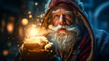 Close up portrait of smiling Santa Claus looking at camera,  Created using generative AI tools.