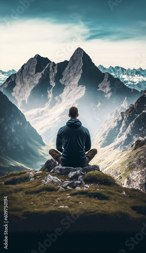 Young man meditating in the alps.