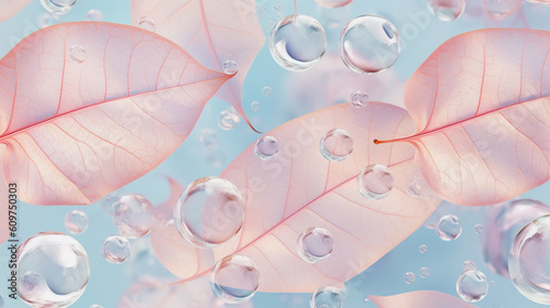Transparent water drops, dew and pink leafs. Gentle abstract background, Generative AI. Purity, beauty in nature
