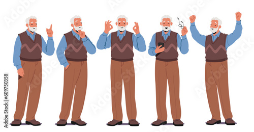 Senior Man Character Displays A Range Of Emotions, Wisdom, Joy, Resilience, Contentment, Contemplation