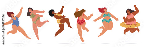 Energetic, Confident And Joyful Women Of Plus Sizes Having Fun And Enjoying The Beach, Fat Plump Female Characters