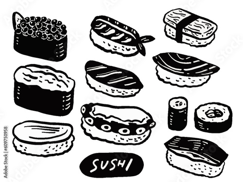 寿司の単色手描きマーク風イラストセット