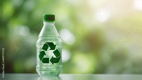 Concept of recycle. Green recycle symbol on plastic bottle, copy space. AI generated