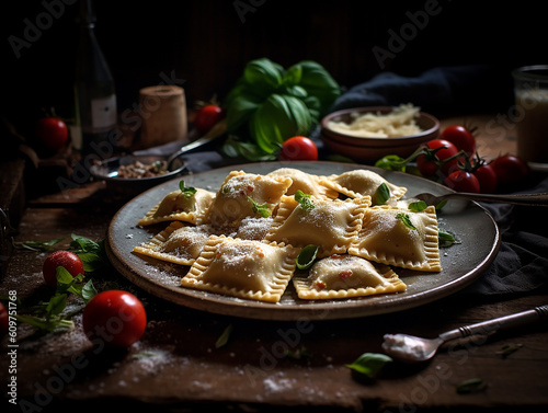 ravioli italiani fatti a mano con basilico, piatto pronto per essere cotto, creato con ai photo