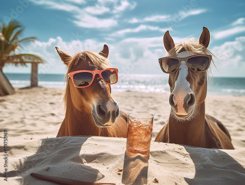 simpatica coppia di cavalli    al mare con drink e occhiali da sole, concetto di vacanza, estate, colori caldi, creata con ai