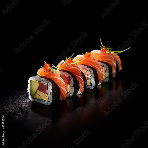 sushi succulento su vassoio nero , sfondo nero , presentazione odinata , uova di pesce volante, salmone riso e tonno, ideale per menu scenografico, creata con ai