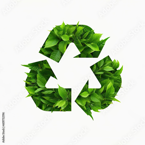 Recycle green sign formed by real leaves, nature's elements, promoting environmental consciousness. Isolated on white background. America recycled day.