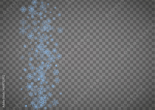 Snowflakes frame on transparent background. Christmas and Happy New Year. Isolated horizontal snowflakes frame for banners, gift cards, party invitation, partner compliment and special business offer