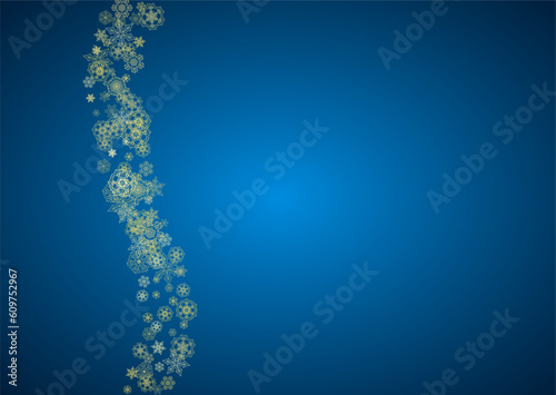 New Year snow on blue background. Gold glitter snowflakes. Christmas and New Year snow falling backdrop. For season sales  special offers  banner  cards  party invite  flyer. Horizontal frosty winter.