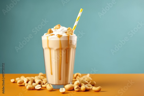 Peanut butter smoothie, milk shake with a lot of peanuts, whipped cream and caramel sauce, isolated on flat blue background, copy space for text. Generative AI 3d render illustration imitation.