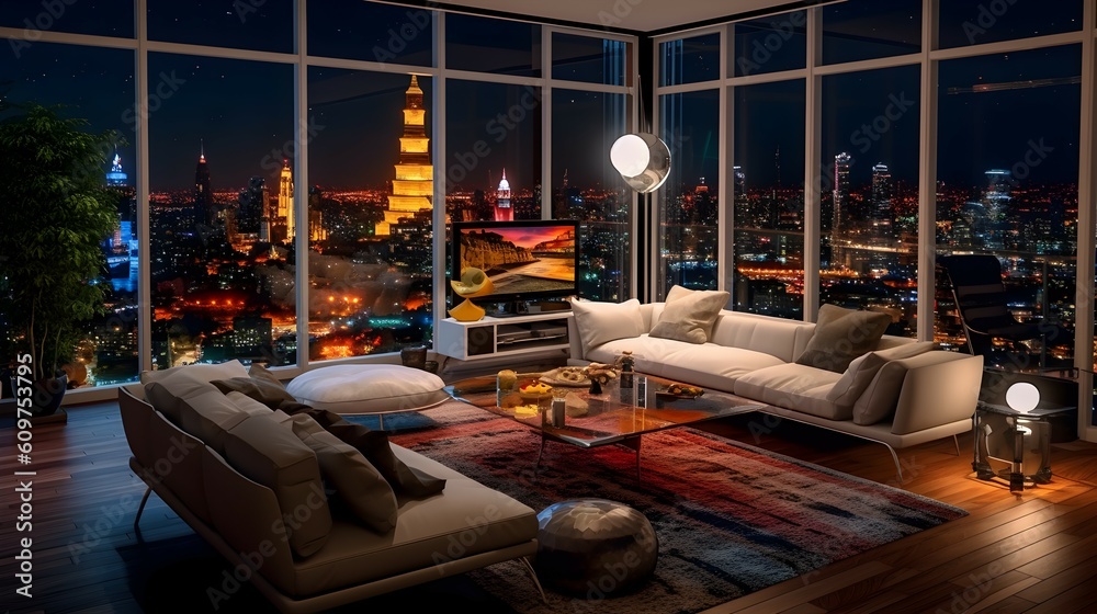 Luxury penthouse living room with a night city view. generative AI illustration.