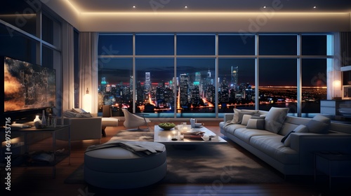 Luxury penthouse living room with a night city view. generative AI illustration. © roei