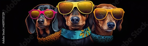 Three dachshunds in sunglasses. Chilled dogs in colorful vibe.  © Photo And Art Panda