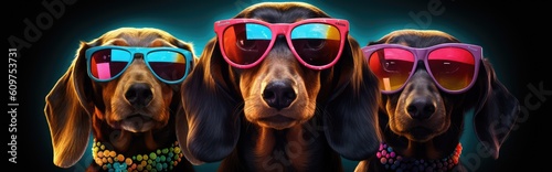 Three dachshunds in sunglasses. Chilled dogs in colorful vibe. 