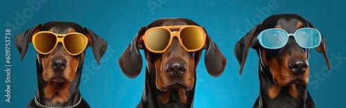 Three dachshunds in sunglasses. Chilled dogs in colorful vibe. 