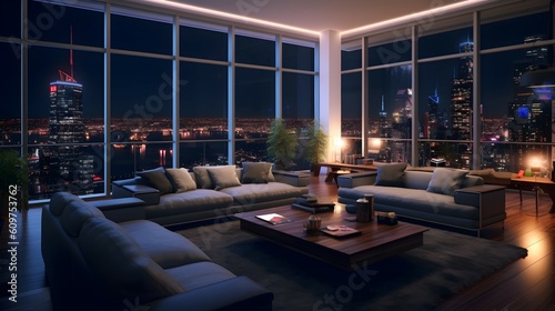 High-end apartment living room with a view over the city. generative AI illustration. © roei