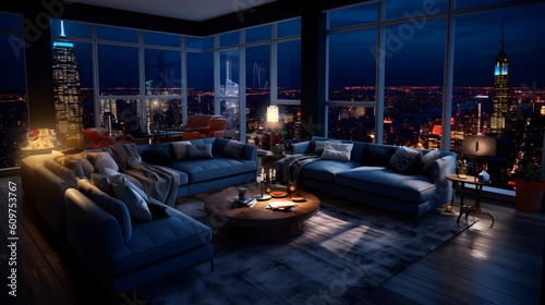 Luxury penthouse living room at nighttime. generative AI illustration. © roei