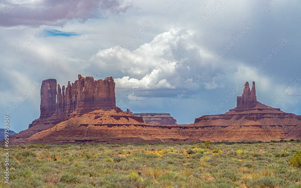 Scenic view of the Monument Valley mountains in Southwest Utah with dramatic clouds during summer.