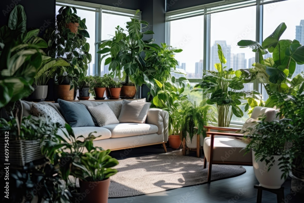 photo of Modern apartment and some exotic plants Generated AI
