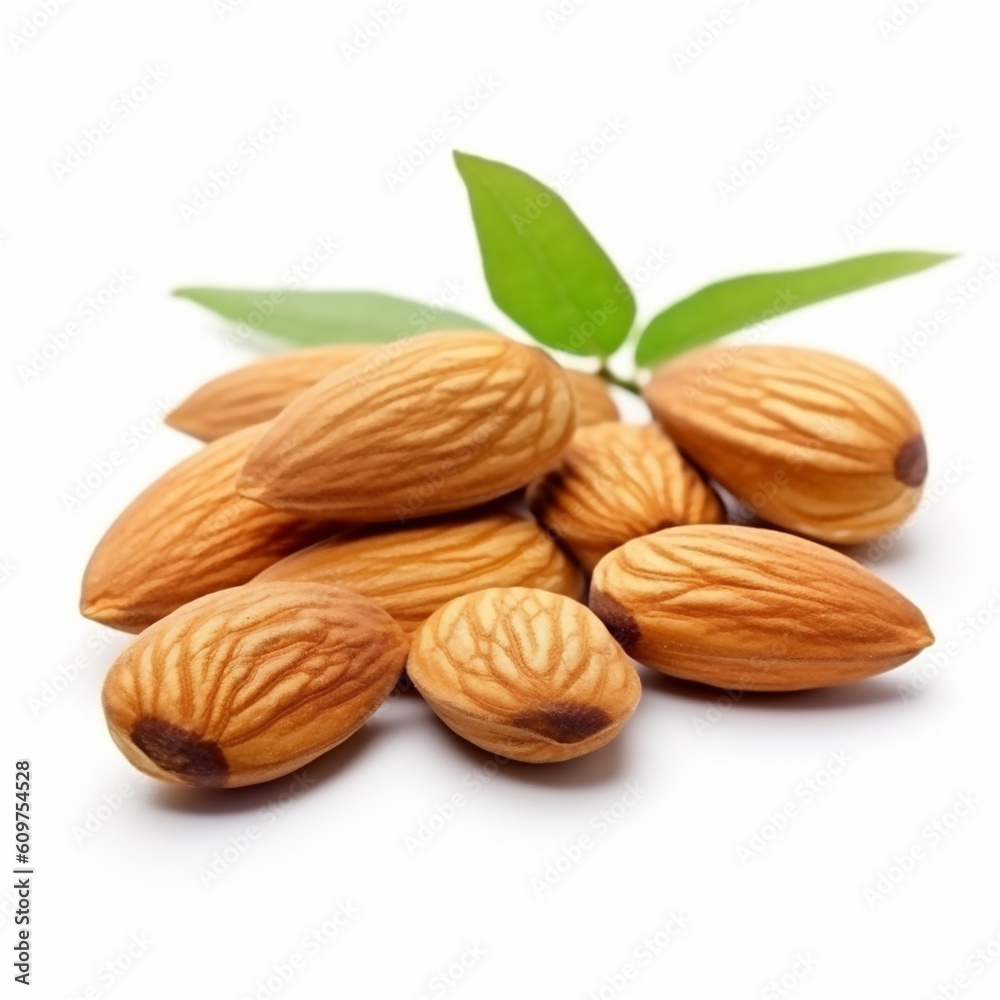 Closeup of almonds, isolated on white background. AI generated content Closeup of almonds, isolated on white background. AI generated content