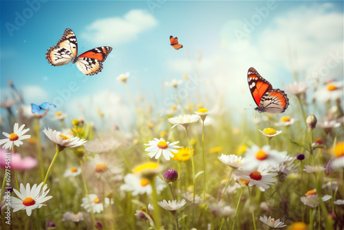 Wild flowers and butterflies in a meadow in nature in summer background. AI generated content