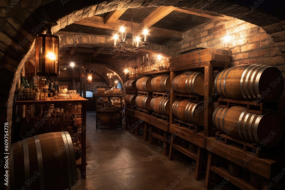 The underground wine cellar is full of wine barrels, AI generated