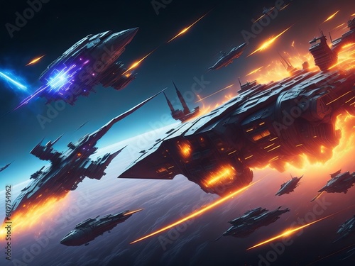 Fototapete Space battle of spaceships and battle cruisers, laser shots sparks and explosions