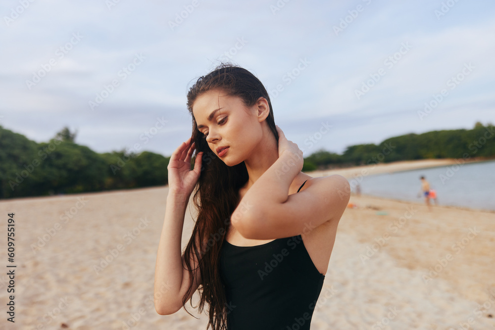 woman beach sunset summer lifestyle sand vacation sea ocean smile happiness