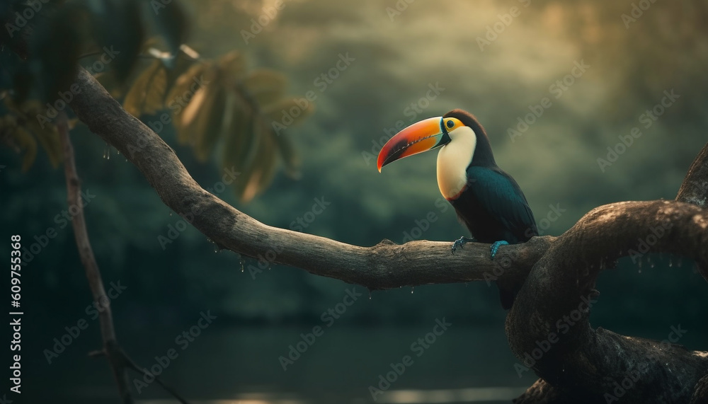 Fototapeta premium Toucan perching on branch in vibrant tropical rainforest environment generated by AI