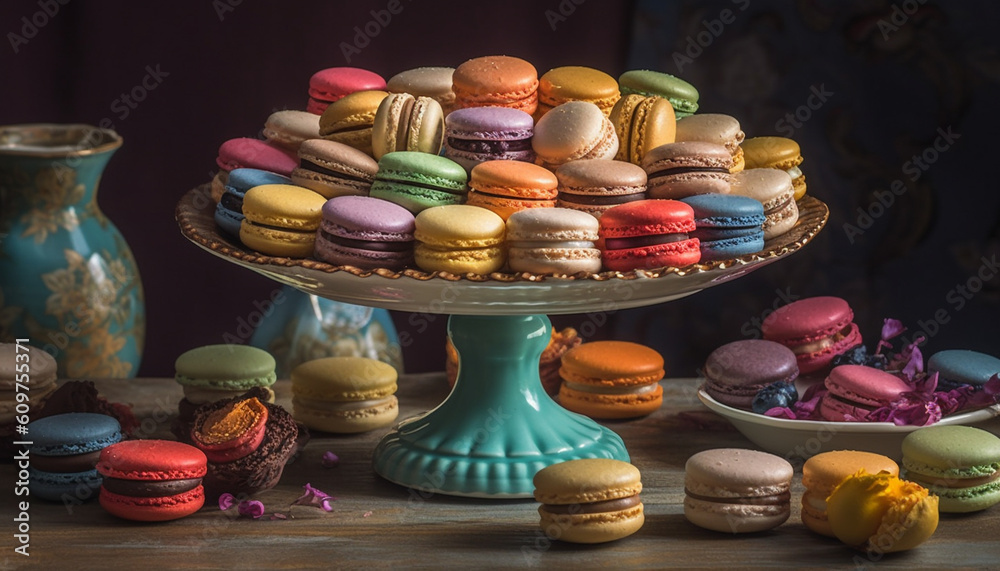 Gourmet French macaroon stack, a sweet multi colored indulgence collection generated by AI Gourmet French macaroon stack, a sweet multi colored indulgence collection generated by AI