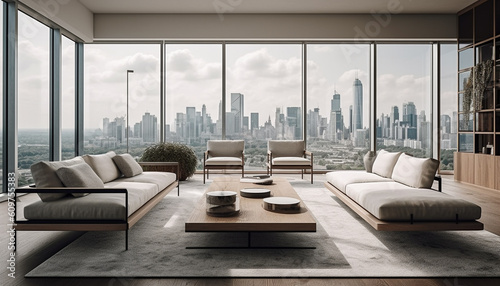 Modern luxury apartment with panoramic cityscape view, comfortable armchair relaxation generated by AI © djvstock