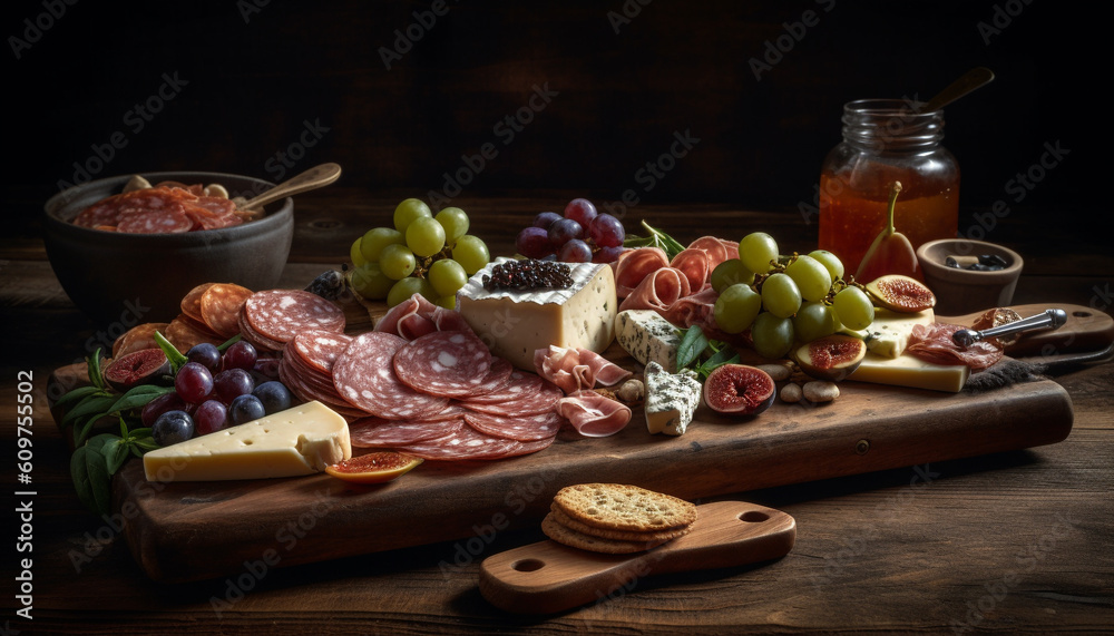 Rustic wood plank holds gourmet meat and cheese variation for meal generated by AI