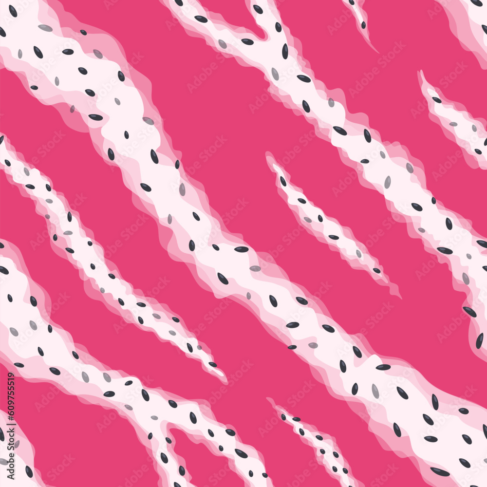 Dragon fruit vector seamless pattern with tiger stripes. White stripes on a pink background.