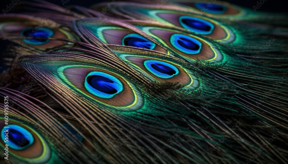Obraz premium Vibrant peacock tail showcases beauty in nature abstract decoration generated by AI