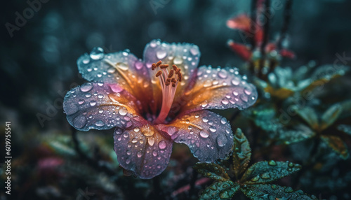 Fresh purple petals, wet with dew, showcase nature beauty generated by AI