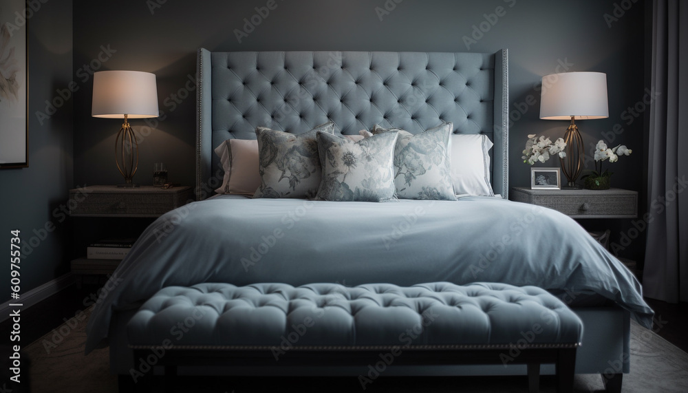Luxury modern bedroom with comfortable double bed and elegant decor generated by AI