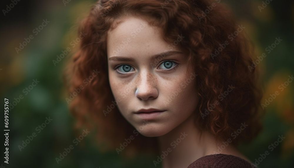 Young adult woman with curly brown hair smiling in nature generated by AI Young adult woman with curly brown hair smiling in nature generated by AI
