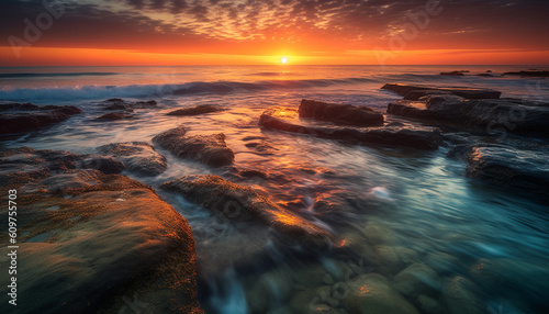 Tranquil sunset over rocky coastline, natural beauty in motion generated by AI