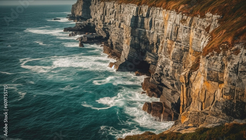 Majestic coastline, eroded sandstone, twelve apostles sea rocks, panoramic view generated by AI
