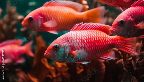 Vibrant colors of a school of fish in a coral reef generated by AI