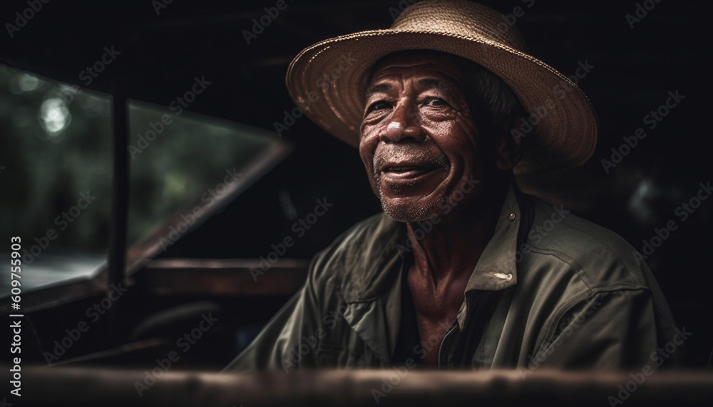 Smiling senior man in leather jacket looking at camera outdoors generated by AI Smiling senior man in leather jacket looking at camera outdoors generated by AI