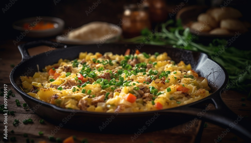 Healthy vegetarian meal cooked in cast iron, focus on foreground generated by AI