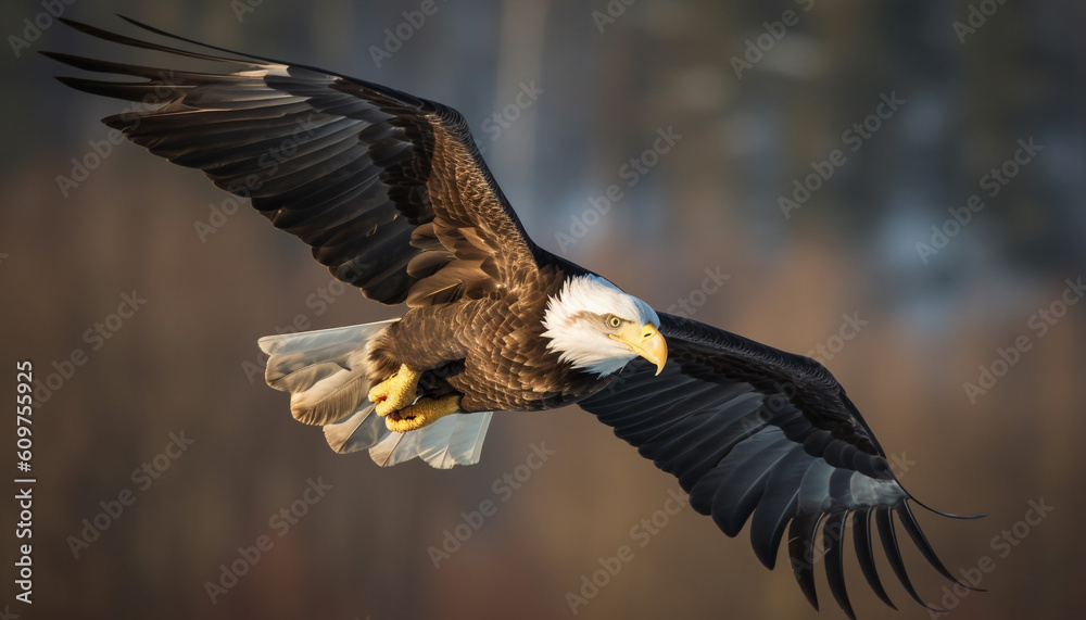 Fototapeta premium Bald eagle spreads majestic wings in mid air, hunting for fish generated by AI