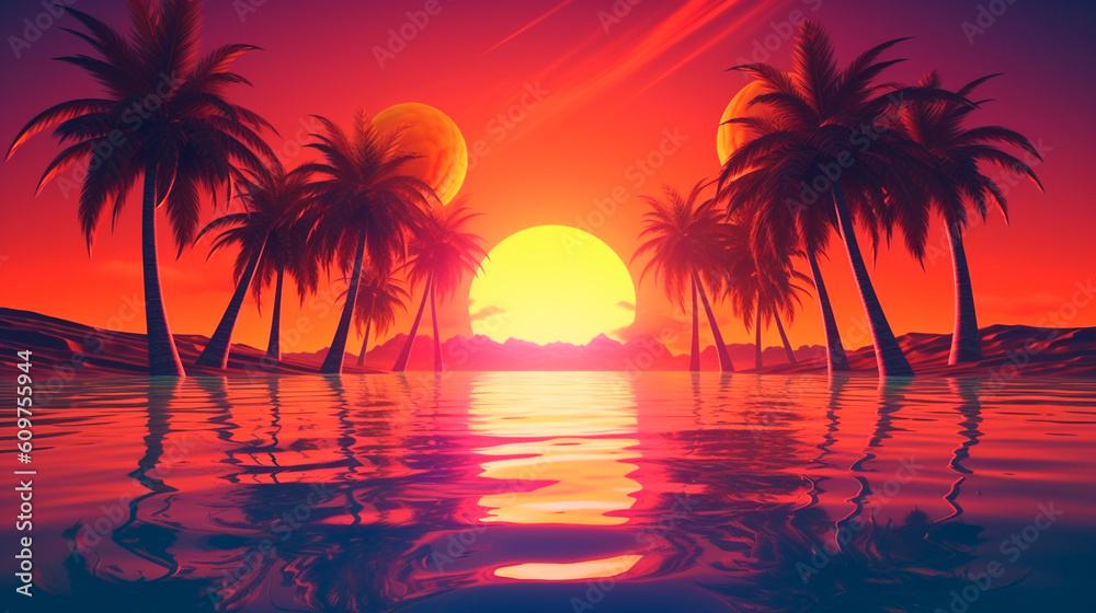 3d sunset on the beach. Retro palms sci fi background with ocean. Sun reflection in water. Futuristic landscape 1980s style. Digital landscape cyber surface. 80s party background. Generative AI