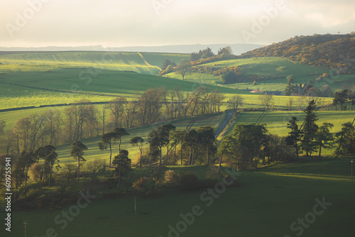 Fotografia Scenic landscape view of rolling hills and pastoral countryside farmland in Moonzie near Cupar in Fife, Scotland, UK